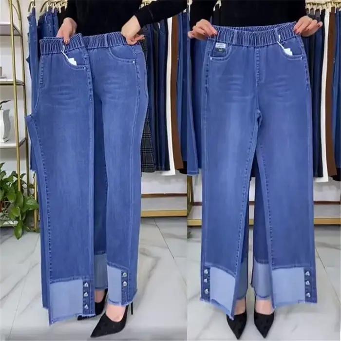 Jean femme d'âge moyen printemps automne taille extensible pantalon en Denim droit grande