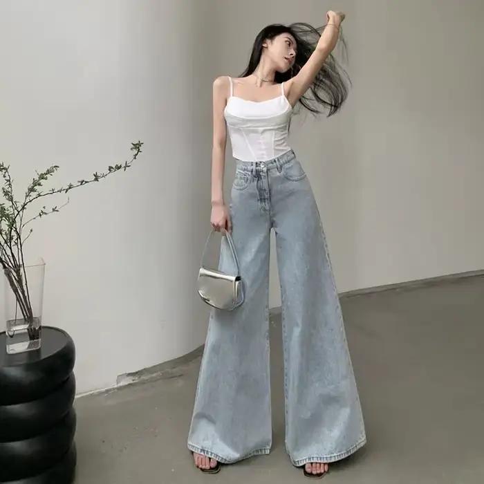 Xpqbb femmes jambes larges jean coréen taille haute ample Streetwear Denim pantalon dames décontracté Simple
