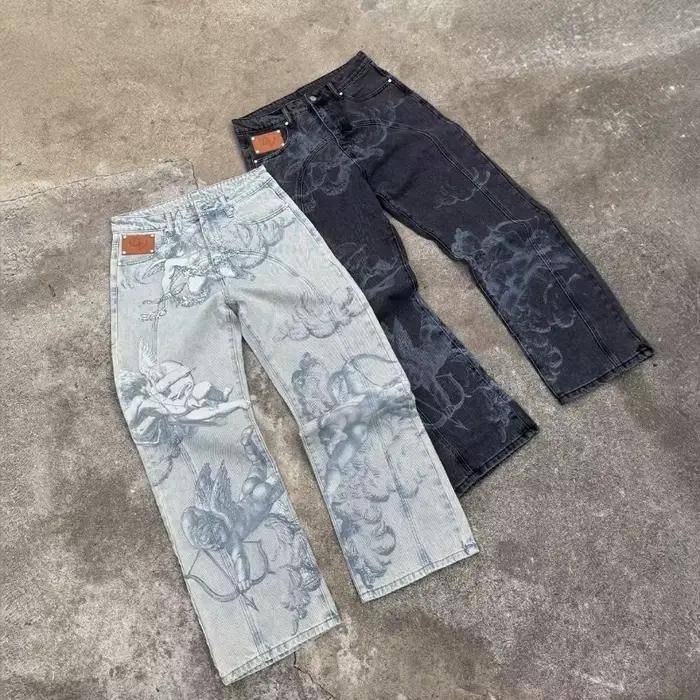 Jeans baggy BiggOrange style américain rétro coupe droite motif flèches de Cupidon décontracté pour homme et femme occasions shopping et quotidienne
