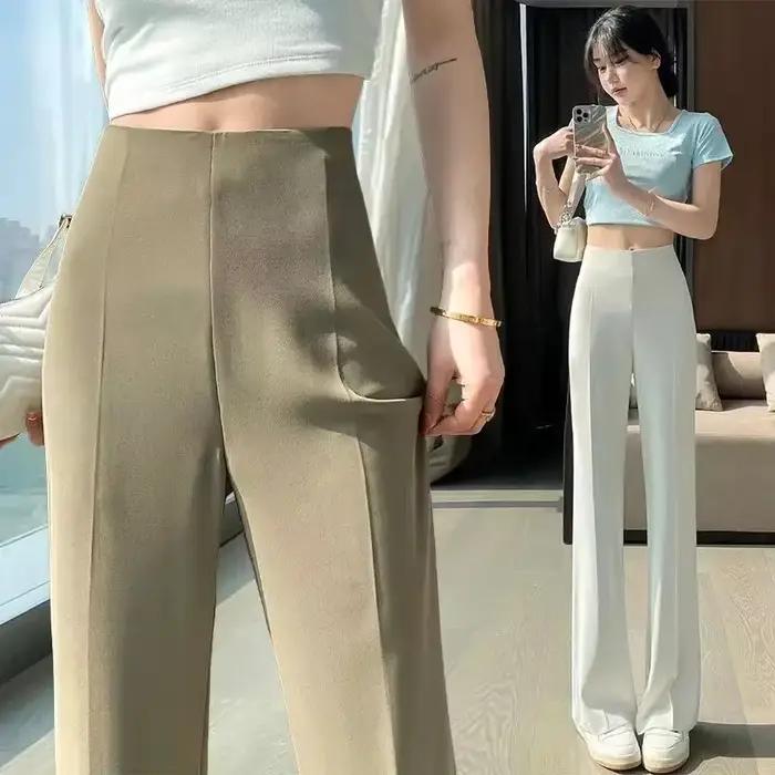 Solide couture taille haute femme pantalon jambe droite travail vêtements amples Baggy bureau