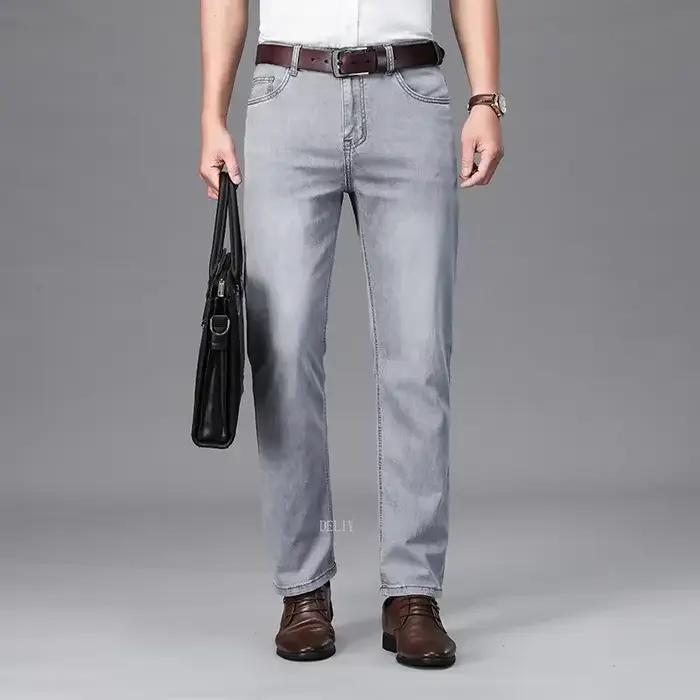 Jean droit DELIY en coton extensible, style décontracté et élégant, gris clair et bleu, pour hommes, saison printemps et été, pour affaires et sorties