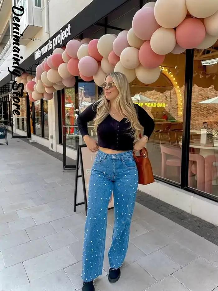 Mode pleine perle haute rue femme jean été nouveau Denim tout-match pantalon droit 2025 tige rugueuse doux filles pantalons