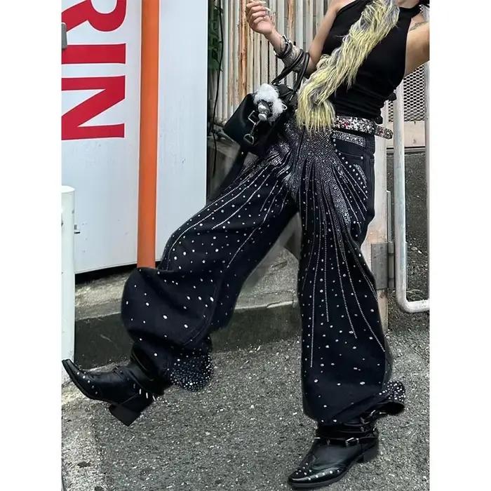 Femmes noir Goth Y2k Emo jean Harajuku Vintage Baggy Denim pantalon japonais années 2000 Style Grunge strass