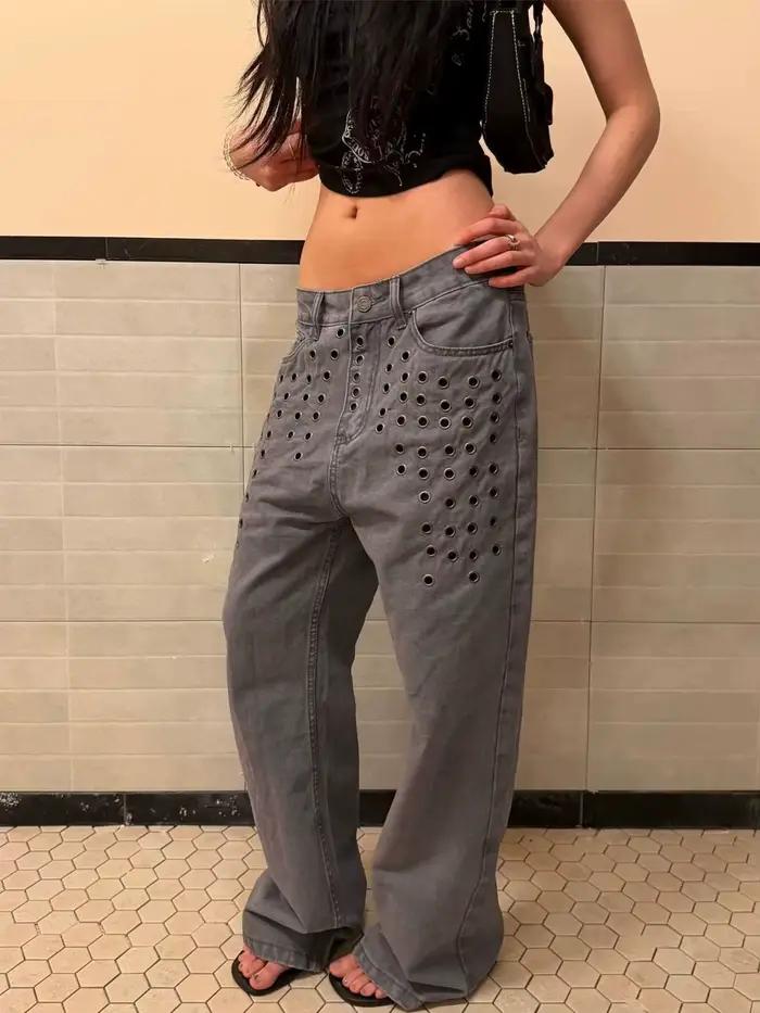 Jean rétro américain grande taille délavé à rivets creux pour femme, coupe droite ample amincissante à jambes larges, style streetwear occasions spéciales