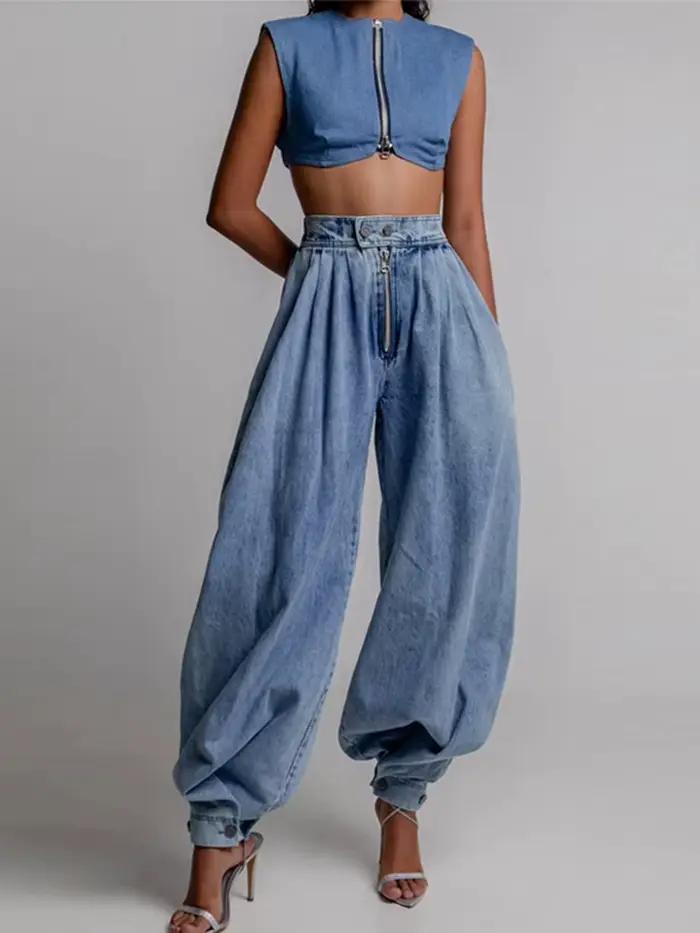 Jean rétro taille haute femme plissé chic et ample pour printemps été mode Y2K ocassionnelle occassionnelle