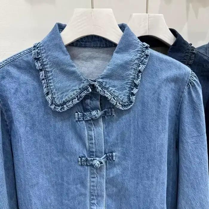 Chemisier en jean style rétro chinois décontracté pour femme printemps été hauts décontractés occassions bureau et week-end
