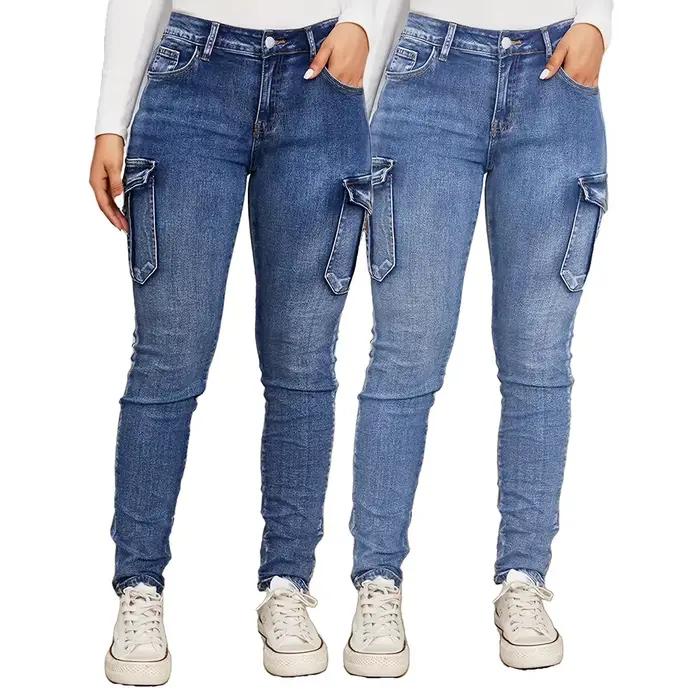 Jean crayon pantalon femmes Vintage Denims plusieurs poches taille basse lavé en détresse Stretch Streetwear cheville