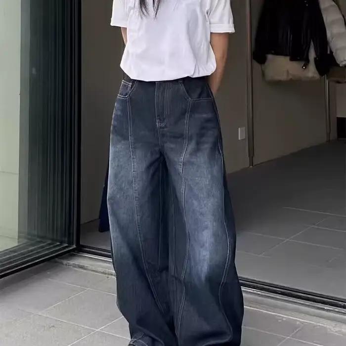 Jeans rétro américains bleu foncé à bords coupés