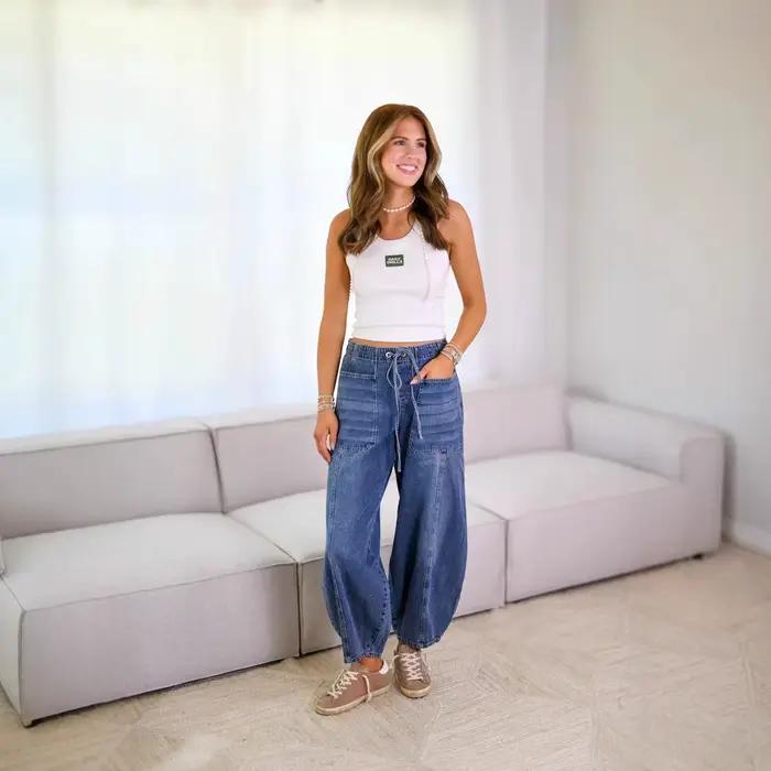Jean Denim pantalon femmes pantalons longs à lacets taille haute élastique maman