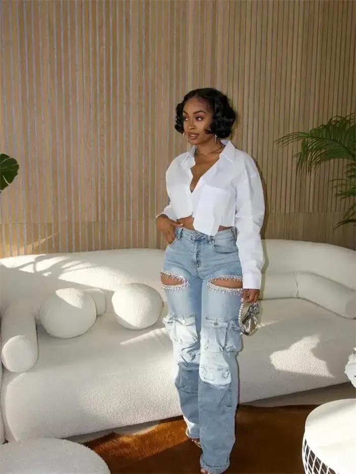 Wmstar 2024 automne Style personnalisé femmes pantalons avec gland diamant pièces taille moyenne jambe droite jean vente en gros livraison directe
