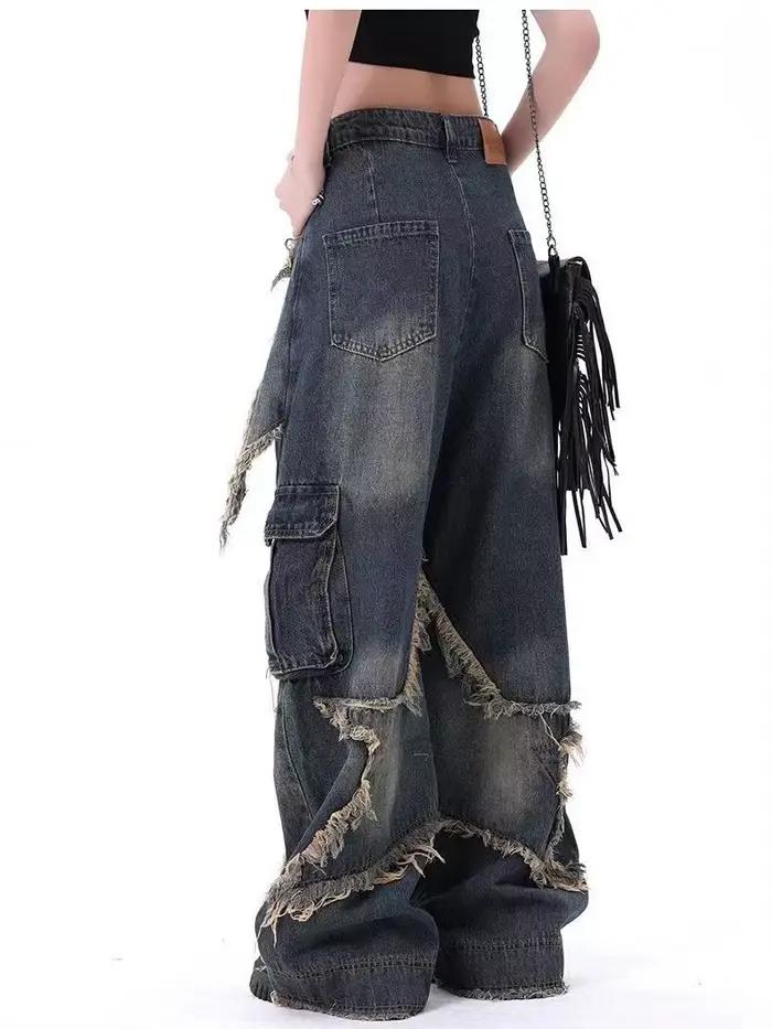 Jean Vintage américain délavé à cinq points pour femmes, ourlet effiloché, Niche de rue, pantalon Long surdimensionné à jambes droites, nouvelle collection