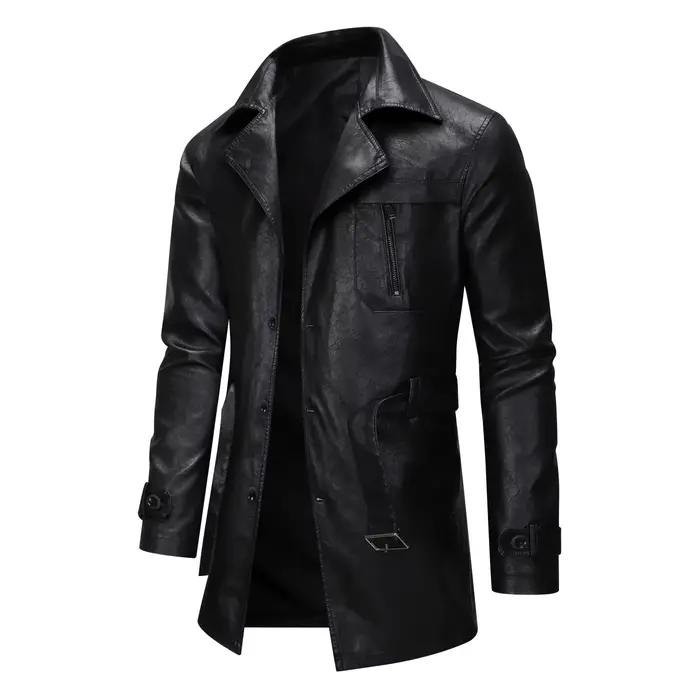 Cool à la mode mi à longue longueur veste en cuir hommes coupe ajustée Double boutonnage