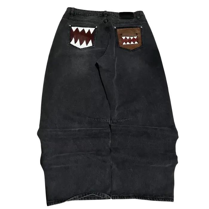 Jean long en denim taille haute Y2K tendance marron avec imprimé guitare Domo Kun