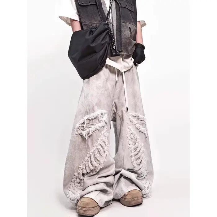 Jeans délavés vintage ample pour hommes et femmes avec trous décoratifs style hip-hop printemps automne danse occasionnels