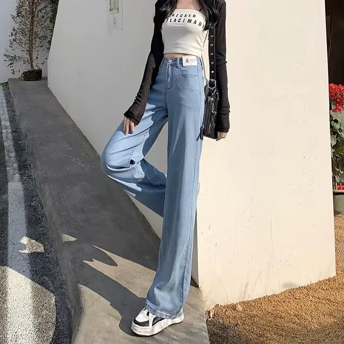 Jean Lyocell Bleu Noir Femme Taille Haute Coupe Droite Jambes Larges Mode Streetwear Occasionnels Été