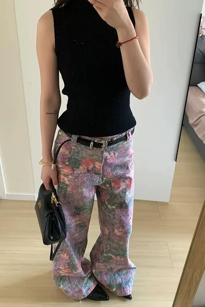Nicemix américain Streetwear impression complète peinture à l'huile jean Floral fille épicée ample décontracté jambe