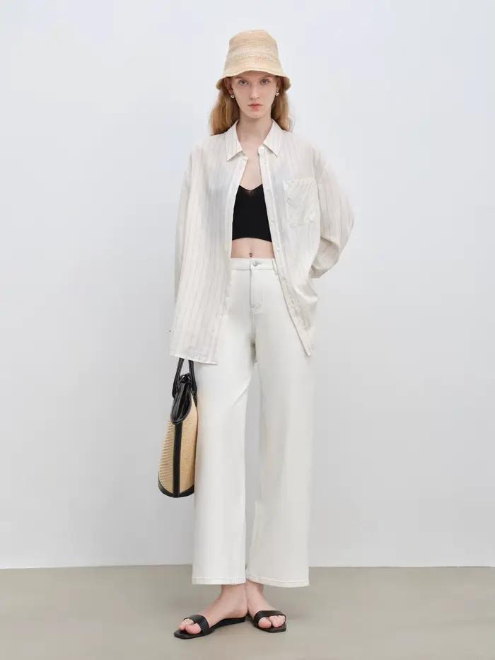 ZIQIAO haute élastique neuf points jean blanc pour les femmes 2025 été nouveau pantalon droit taille