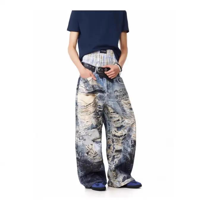 Jeans déchirés à imprimé graffiti en 3D pour hommes