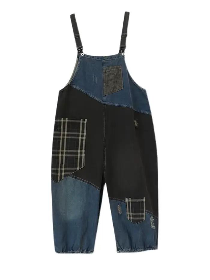 Amax luluE coréen automne jean femmes Plaid déchiré Denim salopette dames Vintage Punk pantalon ample luxe classique