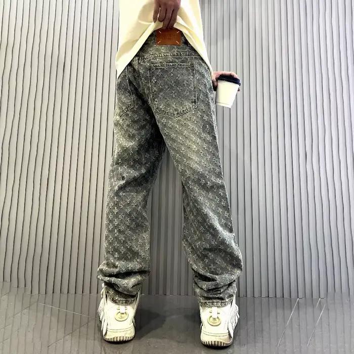 Pantalon en jean à motif jacquard pour homme, coupe droite, style baggy, effet usé, jean large pour homme, confort inégalé, style unique, durable, robuste, adapté à toutes les saisons, pour hommes seniors, HIGH STREET, printemps et automne, quotidien