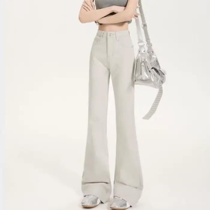 Jean évasé gris taille haute pour femme
