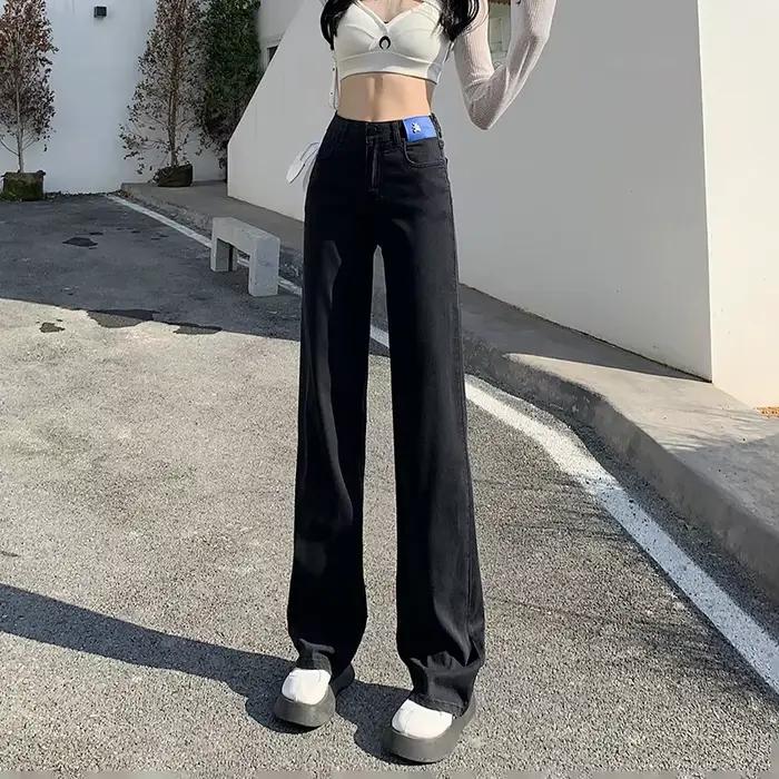 Jean Lyocell Bleu Noir Femme Taille Haute Coupe Droite Jambes Larges Mode Streetwear Occasionnels Été