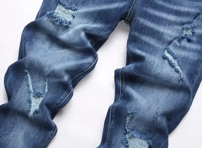 2025 hommes déchiré jean marque de luxe bleu clair trous pantalons longs qualité mâle mode Stretch mince pantalon