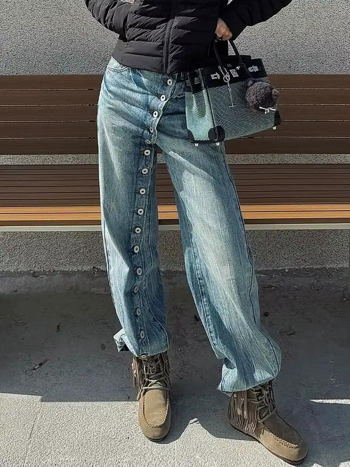 American Spice Girl Jeans Pantalon de sol rétro délavé avec patte inclinée et boutons pour enfants