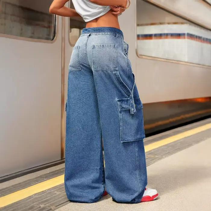 Femmes jean pantalon à jambes larges dégradé Streetwear poches Denim