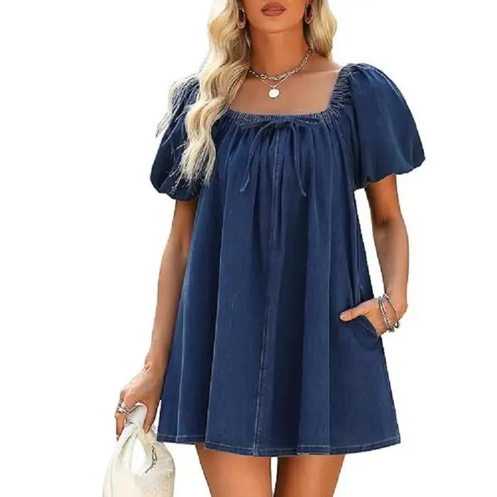    Femmes été Denim robes col carré manches bouffantes Jean Mini robe