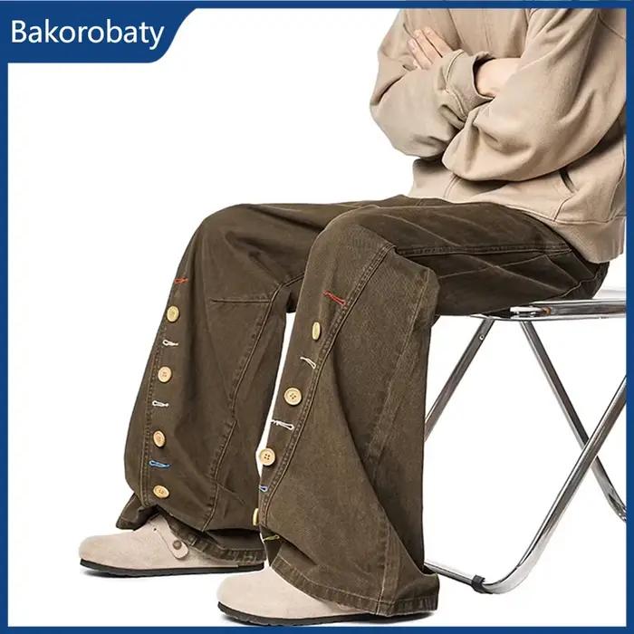 Nouveau Jean Homme Rétro à Boutons Marron Coupe Ample Décontracté Droit Courbé en Denim Printemps 2026 Style High Street Y2K