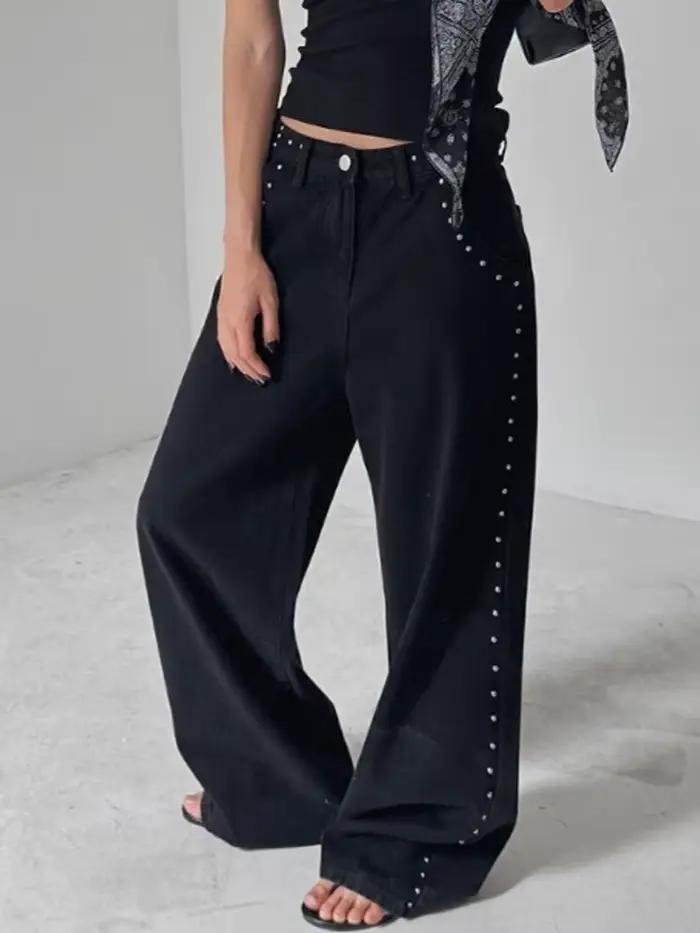 2025 américain rétro Y2K mode Rivet Design Baggy nouveaux pantalons en jean pour femmes vêtements jambe large coréen décontracté dame Denim pantalon