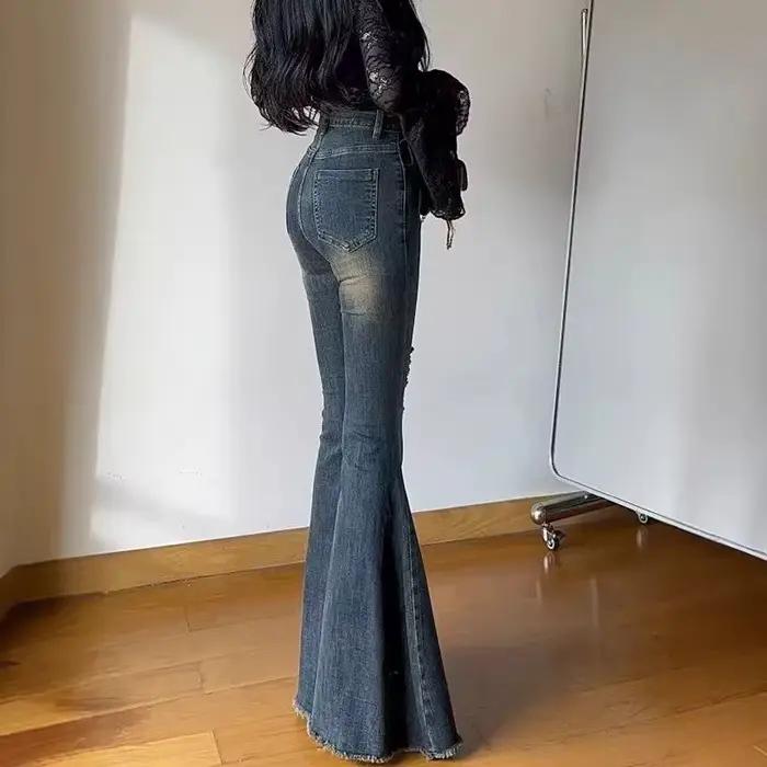 Jean en denim taille haute à pattes d'éléphant pour femme