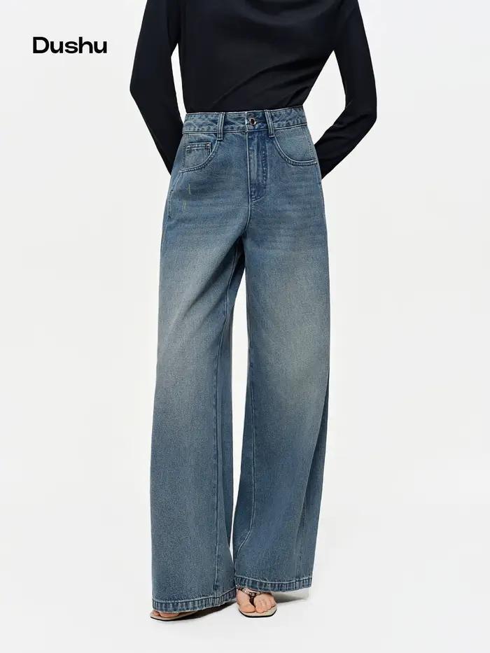 DUSHU 2026 printemps exclusif rétro taille haute jean bleu lavé coton ligne incurvée BF Baggy pantalon droit
