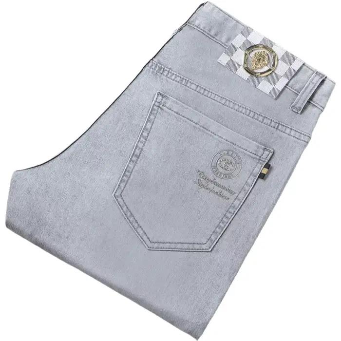 Jean Slim Taille Haute Coupe Droite Style Élégant Denim Gris Clair Occasionnels Printemps Automne Homme