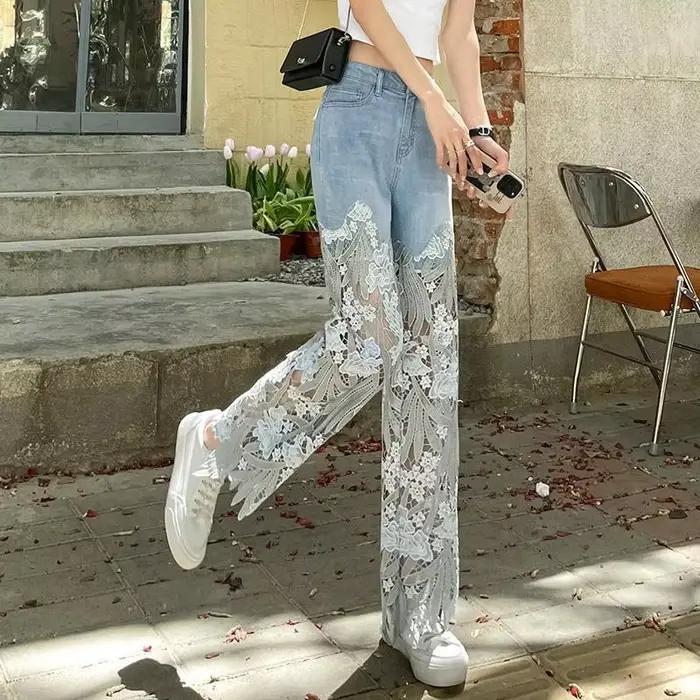Jean taille haute en dentelle pour femmes