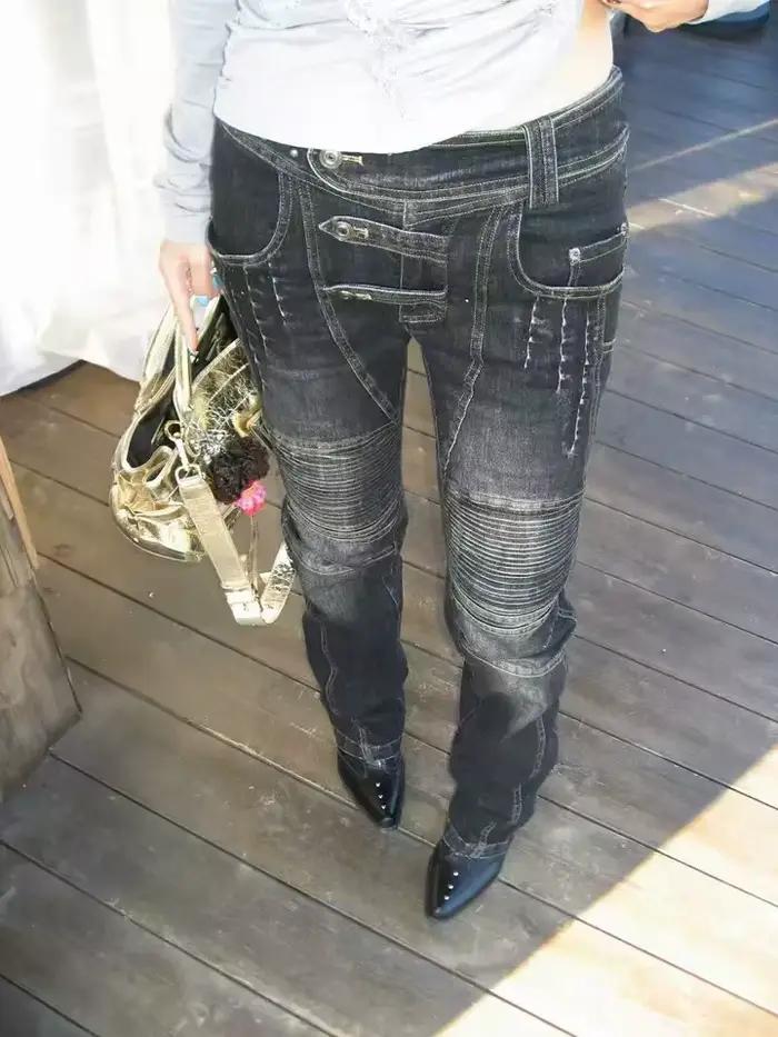 American Street surdimensionné lavé rétro industrie lourde moto jean femmes taille basse coupe ajustée en détresse pli