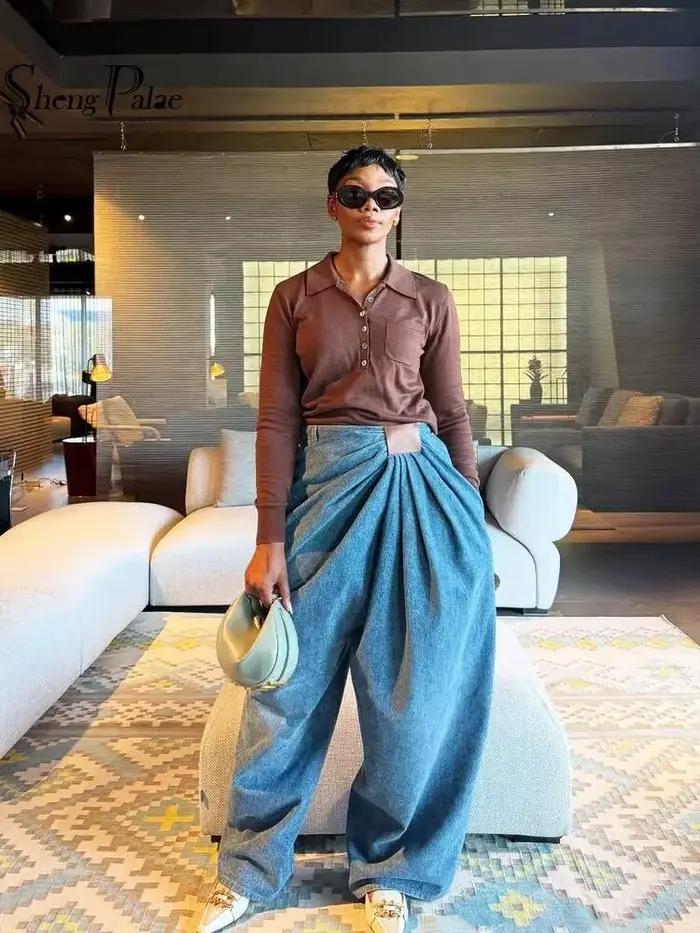 SHENGPALAE Jean large asymétrique en PU style européen et américain avec ceinture à nouer pour femme