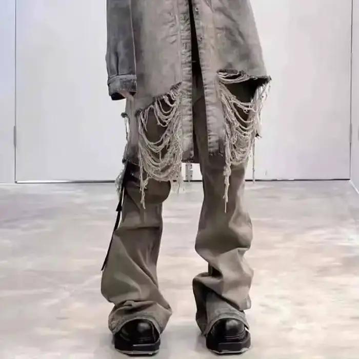 PFNW froissé Design Vintage homme jean haute rue pleine longueur lavé pantalon à jambes larges à la mode botte coupe