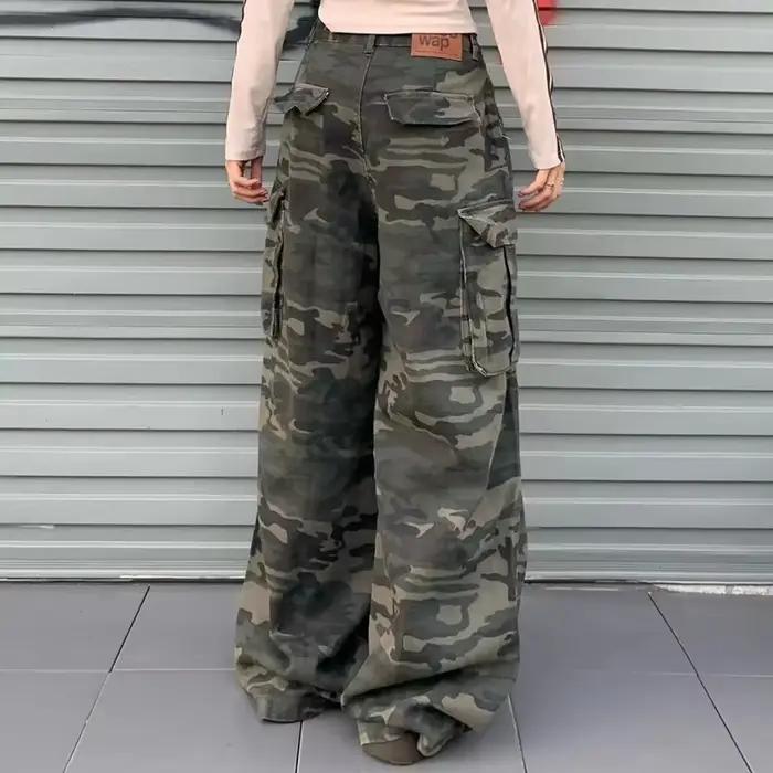 Nouveau 2025 Camouflage Cargo jean femmes Vintage taille haute automne Y2K pantalon à jambes larges femme vêtements de