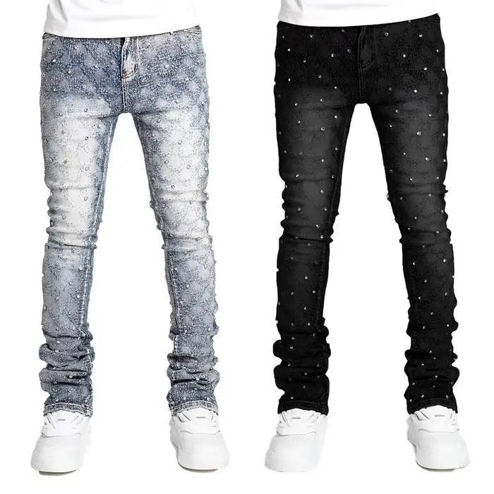 Jean slim bleu avec perles et strass pour hommes style hip-hop mode de rue européen printemps été voyage