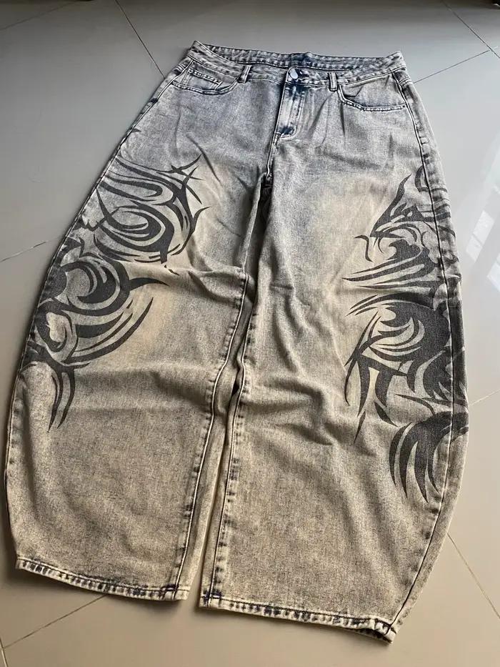 Jean ample gris imprimé style rétro américain Y2K