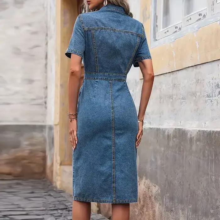 Benuynffy grande taille Vintage simple boutonnage lavé Denim robe femmes été col rabattu manches courtes décontracté robes mi-longues
