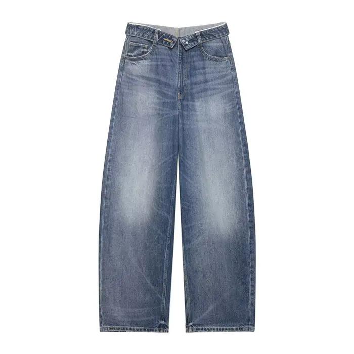 Jean décontracté polyvalent rétro taille haute à jambe large