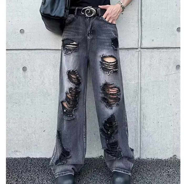 2026 Pantalon Jean Baggy Noir Vintage Y2K Grunge Déchiré et Empilé pour Homme