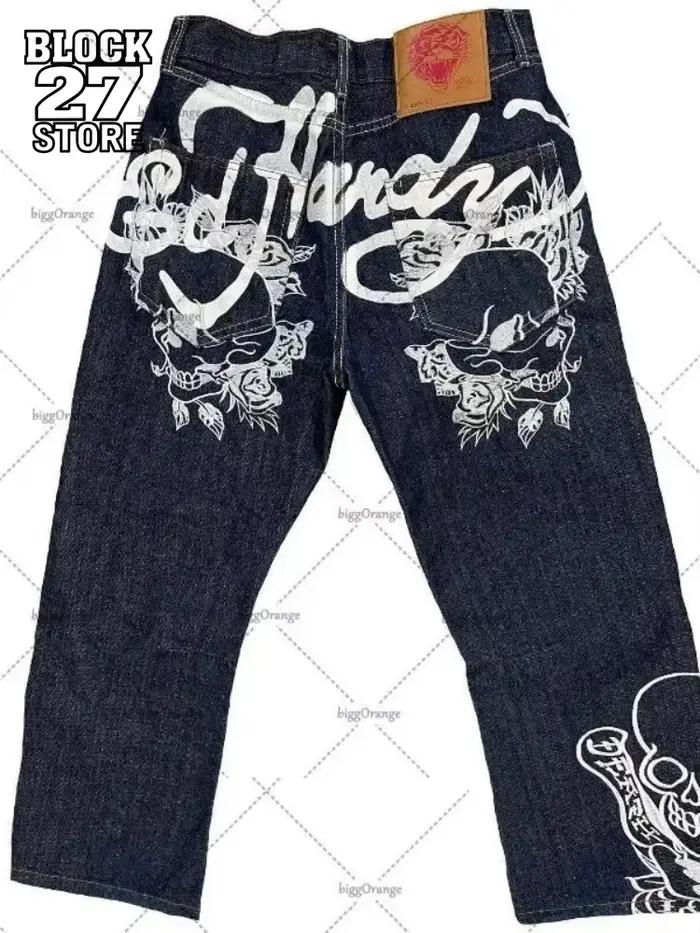 Jean pour hommes Streetwear Y2K Vintage jambe droite Denim pantalon crâne Rose flamme impression conception coupe ample rétro Punk Hip Hop mode