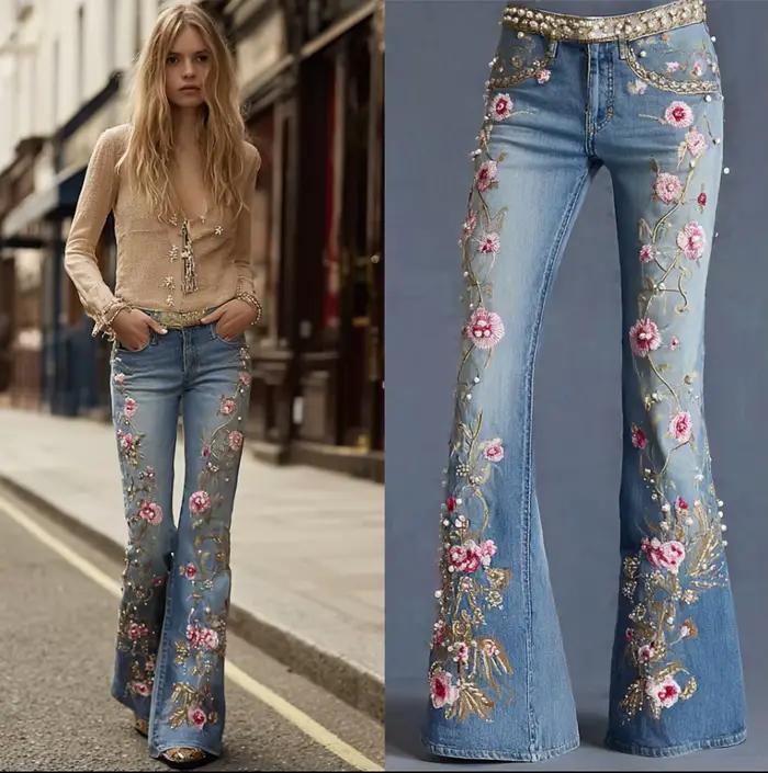 Pantalon évasé en jean imprimé 3D pour femme