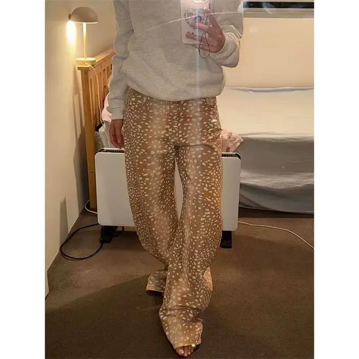 Jeans à pattes larges et courbes à imprimé cerf rétro américain Y2K pour la mode de rue féminine