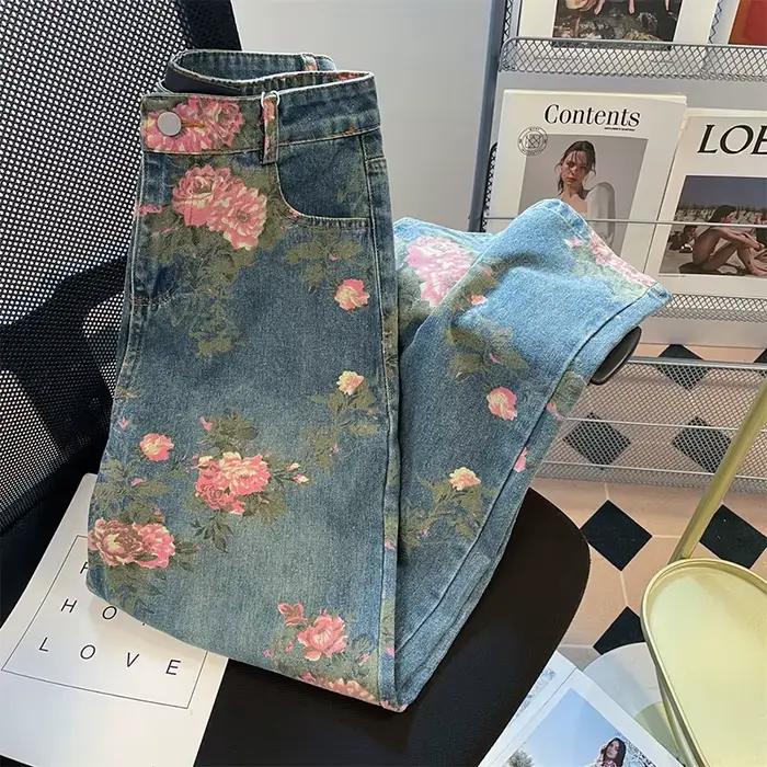 Jean rétro imprimé fleurs roses pour femmes