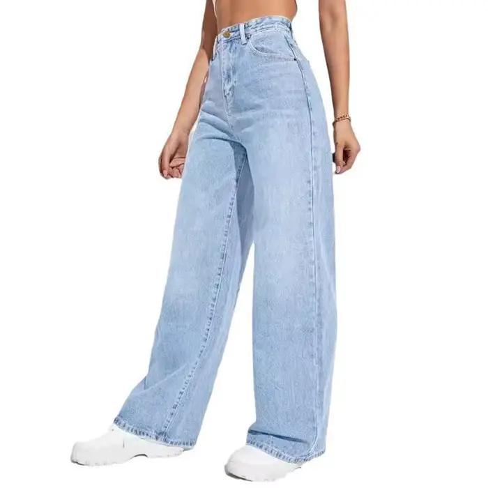 Lucyever-Pantalon en denim délavé bleu clair pour femme